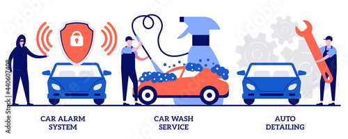 Car alarm system, car wash service, auto detailing concept with tiny people. Automobile care service vector illustration set. Anti-theft, automatic wash, full service, vehicle detailing metaphor