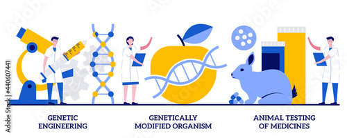 Genetic engineering, genetically modified organism, animal testing of medicines concept with tiny people. Biotechnology abstract vector illustration set. Transgenic organism, lab experiment metaphor