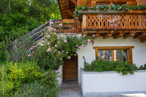 Detail of a antique typical mountain chalet surrounded by greenery. Typical house of the Italian mountains with a wooden terrace and decorated with flowers.