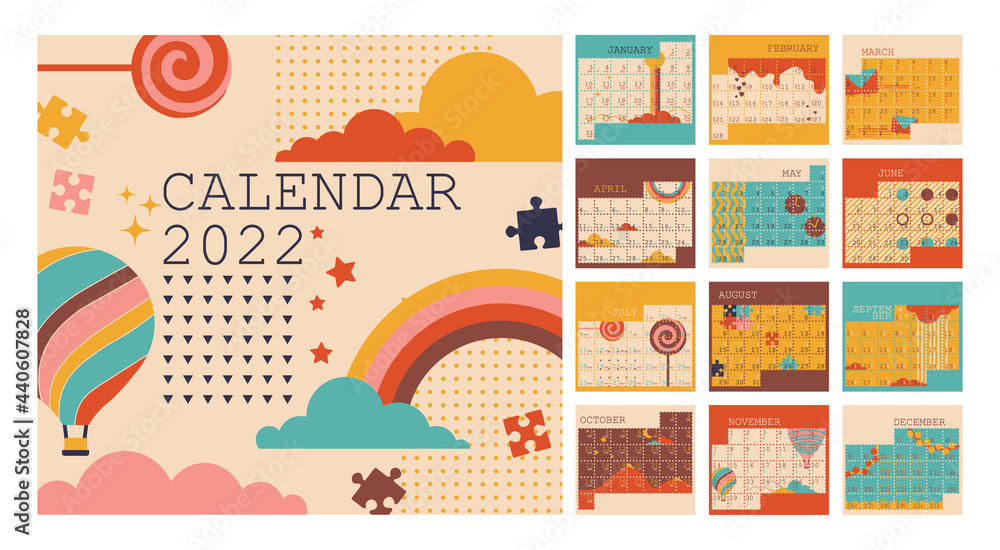 Calendar 2022, planner organizer, Monday week start, vertical layout, set for 12 months from January to December. Vector multicolored isolated illustrations with different designs
