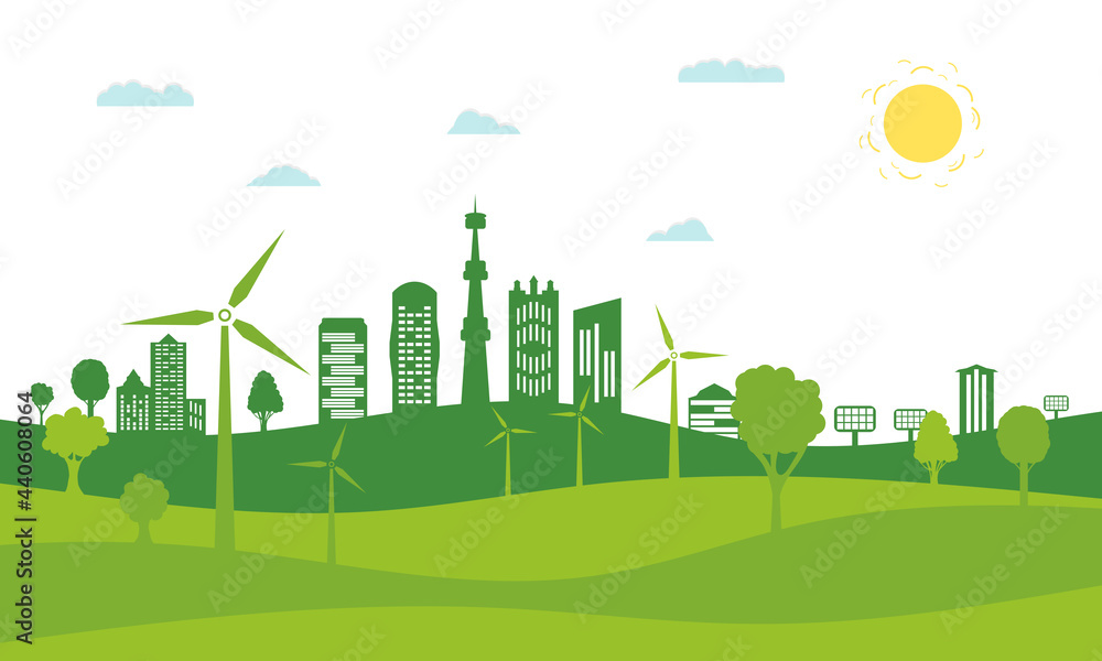 Concept green city with renewable energy sources. Ecological city, environment conservation. Green city with green trees, wind energy and solar panels