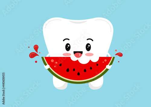 Cute tooth molar with watermelon piece in hand. Flat design cartoon smiling character vector illustration. Happy white tooth isolated on background. Children healthy food for teeth health concept.
