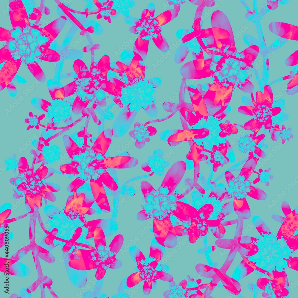 Fototapeta premium Pink floral seamless pattern. Tropical exotic flowers on a blue background. Botanical endless background. Floral pattern for textiles, fabrics, packaging, once.