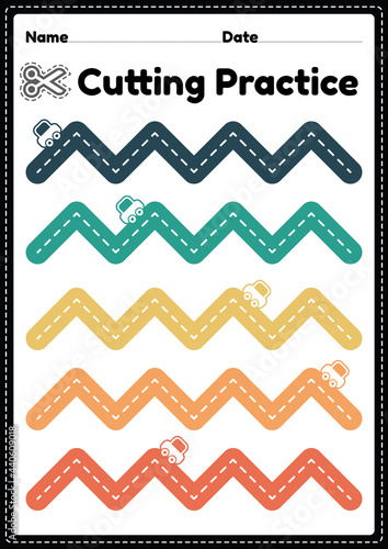 Cutting actives for preschool and kindergarten kids to cut the paper with scissors to improve motor skills, coordination and develop small muscles for children in a printable illustration page.