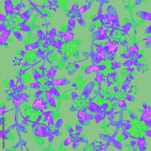 Pink, green, lilac, purple floral seamless pattern. Tropical exotic flowers on a blue background. Botanical endless background. Floral pattern for textiles, fabrics, packaging, once.