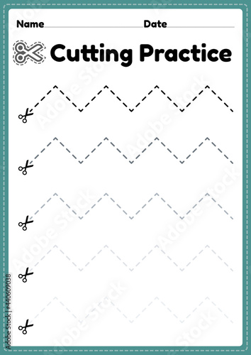 Preschool cutting practice kids to cut the paper with scissors to improve motor skills, coordination and develop small muscles for kindergarten children in a printable illustration page.