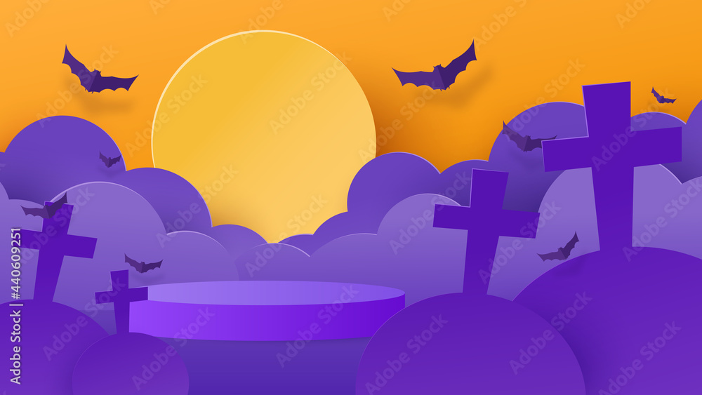 Halloween background. Nature with podium platform on purple background. Halloween sale promotion. Vector illustration