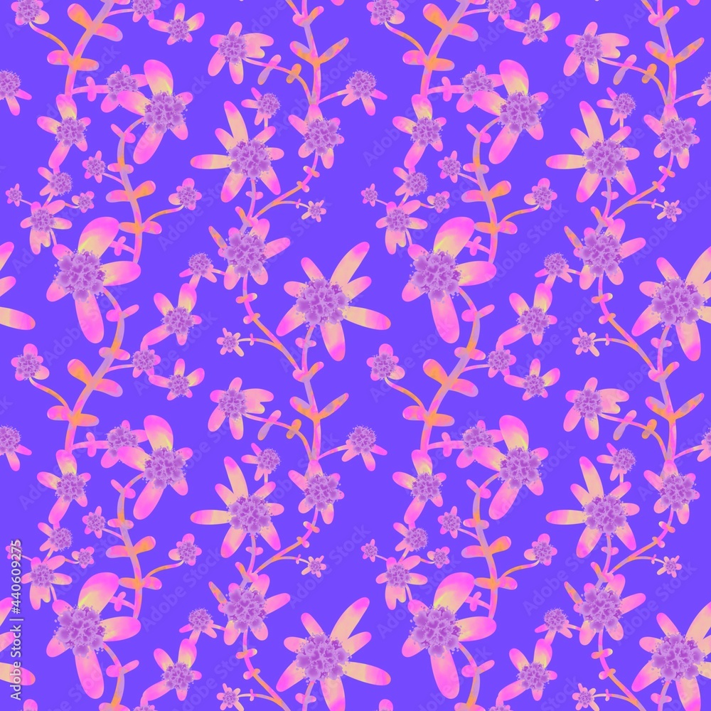 Pink floral seamless pattern. Tropical exotic flowers on a blue background. Botanical endless background. Floral pattern for textiles, fabrics, packaging, once.