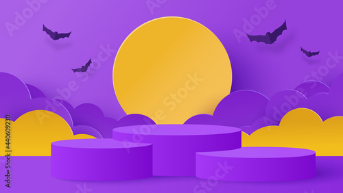 Halloween background. Nature with podium platform on purple background. Halloween sale promotion. Vector illustration