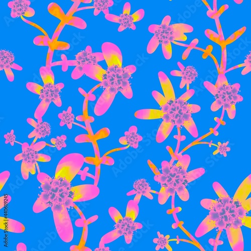 Pink  yellow flowers on a blue background. Tropical flowers seamless pattern. Exotic flowers.