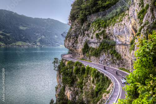 The spectacular motorway on the cliff at the Thun Lake side in Swiss Alps area (HDR Version)