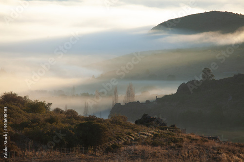 fog over the mountains at sunrise