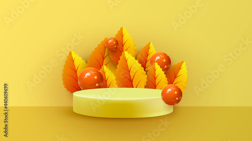 Abstract minimal scene with autumn geometric forms. cylinder podium in orange background with autumn plant leaves. product presentation, mockup, show product, podium, stage pedestal or platform.