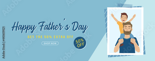 Happy Father's Day Sale poster or banner template in flat illustration style with a drawing of cheerful son sitting on the shoulders of his father. Promotion and shopping template for love dad.
