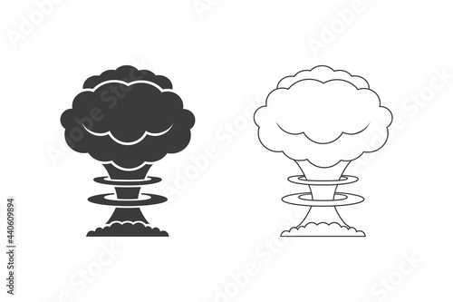 Vector black silhouette icon set of nuclear explosion
