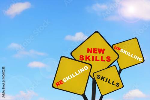 New skills, upskilling, reskilling and skills written on road sign on beautiful blue sky background with fluffy cloud. Future ahead success with education concept and self development idea photo