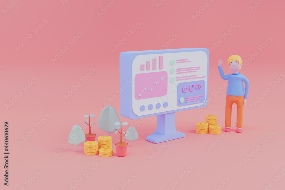 Cartoon character businessman using modern computer,analysis growth business statistics monitor diagram stock market trading chart,financial data and marketing content strategy,3d render illustration Cartoon character businessman using modern computer,analysis growth business statistics monitor diagram stock market trading chart,financial data and marketing content strategy,3d render illustration