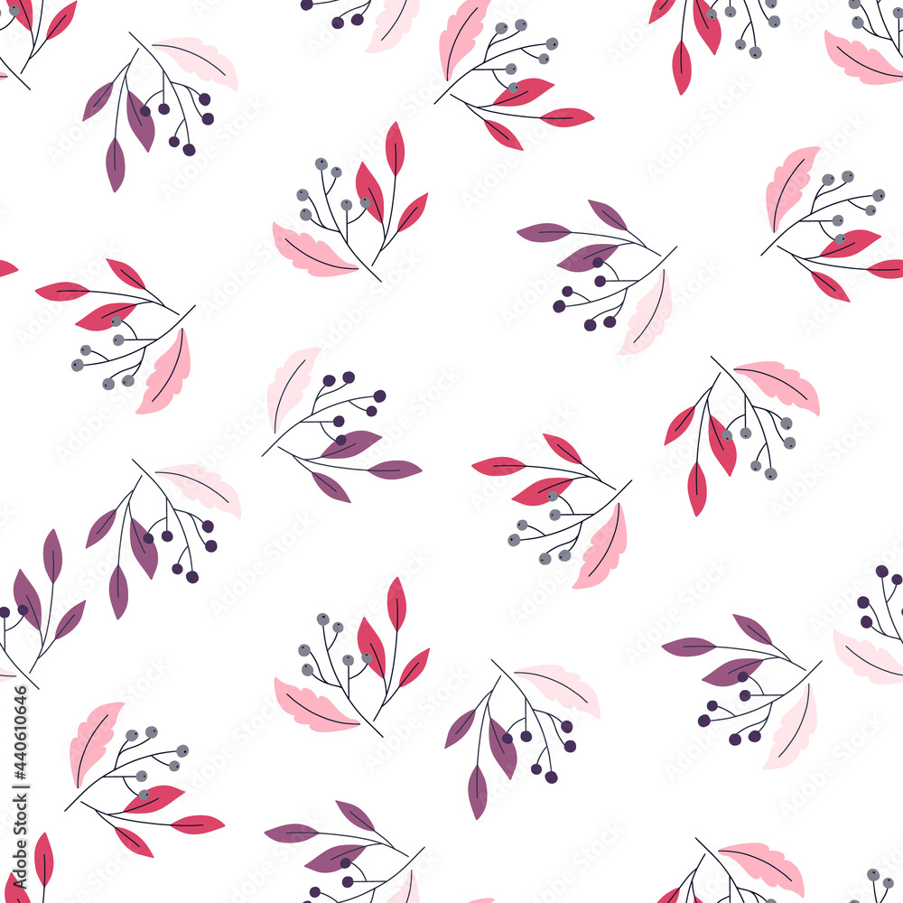 Isolated bright floral seamless pattern with decorative berries and leaves silhouettes. White background.