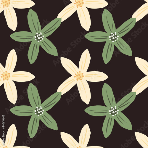Natural seamless pattern with orange and green colored mandarins flowers shapes. Brown background.
