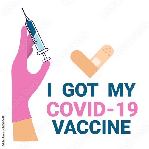 Covid-19 vaccination design template. Hand in a pink glove holding a vaccine. Coronavirus vaccination campaign poster, card, label.Hand of doctor,nurse or scientist with a syringe. Vector illustration