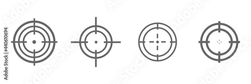 Target destination icon set. Focus cursor bull eye mark collection. Aim sniper shoot group. Vector isolated on white