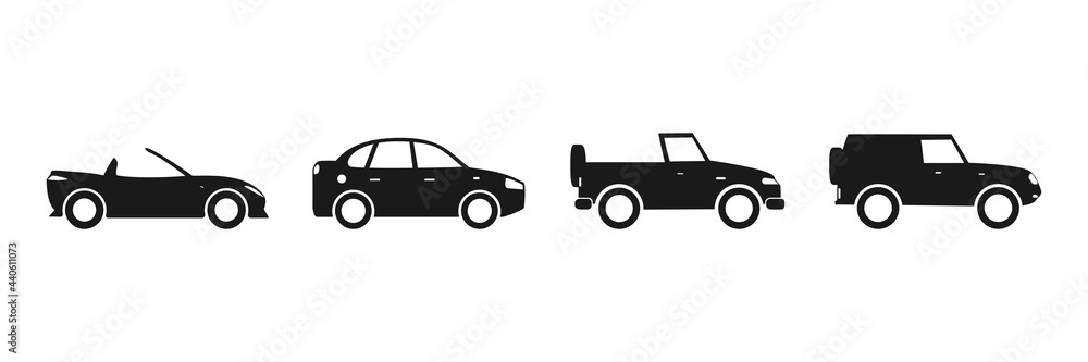 Car icon set. Black automobile silhouette. Auto symbol collection. Transportation sport concept. Vector isolated