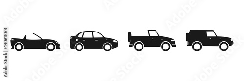 Car icon set. Black automobile silhouette. Auto symbol collection. Transportation sport concept. Vector isolated