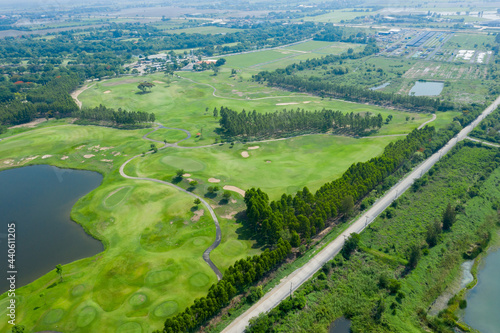 aerial view from flying drone of golf course