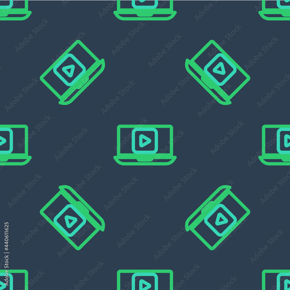Line Online play video icon isolated seamless pattern on blue background. Laptop and film strip with play sign. Vector Line Online play video icon isolated seamless pattern on blue background. Laptop and film strip with play sign. Vector