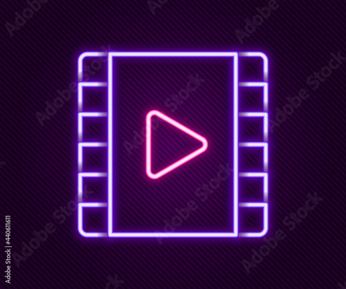 Glowing neon line Play Video icon isolated on black background. Film strip with play sign. Colorful outline concept. Vector