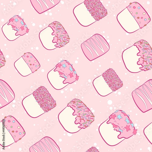 Kawaii seamless pattern with white marshmallows, pink frosting and colorful sprinkles. All over print and repeat background with sweets for kids and babies. Soft and fluffy snack texture.