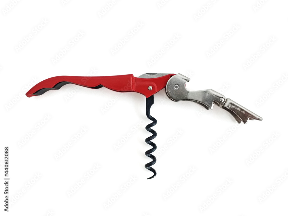 Close up of Wine bottle opener. Stainless steel corkscrew with double hinge on white background. Aerial view of wine bottle opener with corks. Multipurpose catering utensils. Close up of Wine bottle opener. Stainless steel corkscrew with double hinge on white background. Aerial view of wine bottle opener with corks. Multipurpose catering utensils.
