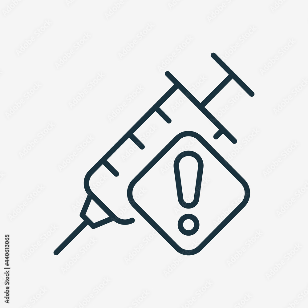 Vaccine Warning Line Icon. Vaccination Syringe with Alert Sign. Precautions about Drug, Dope, Narcotic Syringe Linear Icon. Editable stroke. Vector illustration Vaccine Warning Line Icon. Vaccination Syringe with Alert Sign. Precautions about Drug, Dope, Narcotic Syringe Linear Icon. Editable stroke. Vector illustration