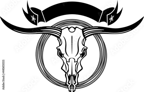 bull skull with lasso and banner