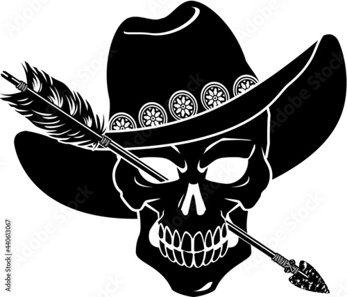 human skull with hat and arrow through the head