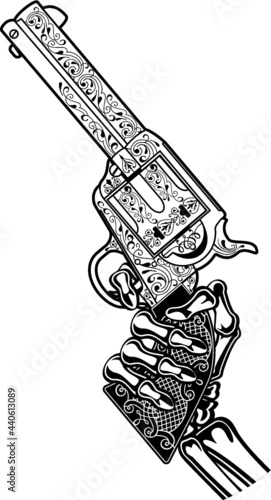 skeleton hand holding six shooter colt revolver