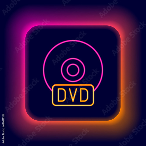 Glowing neon line CD or DVD disk icon isolated on black background. Compact disc sign. Colorful outline concept. Vector