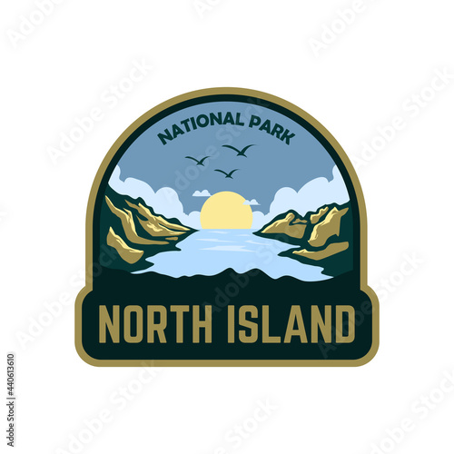 Sunrise in lake national park badges patch emblem logo vintage outdoor illustration