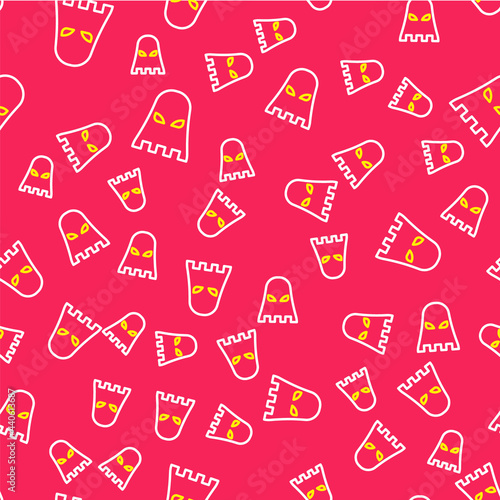 Line Executioner mask icon isolated seamless pattern on red background. Hangman, torturer, executor, tormentor, butcher, headsman icon. Vector