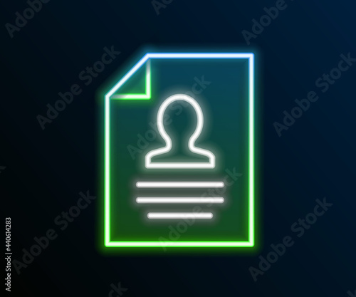 Glowing neon line Resume icon isolated on black background. CV application. Searching professional staff. Analyzing personnel resume. Colorful outline concept. Vector