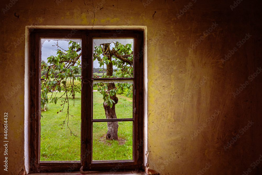 window in a deserted farm window in a deserted farm
