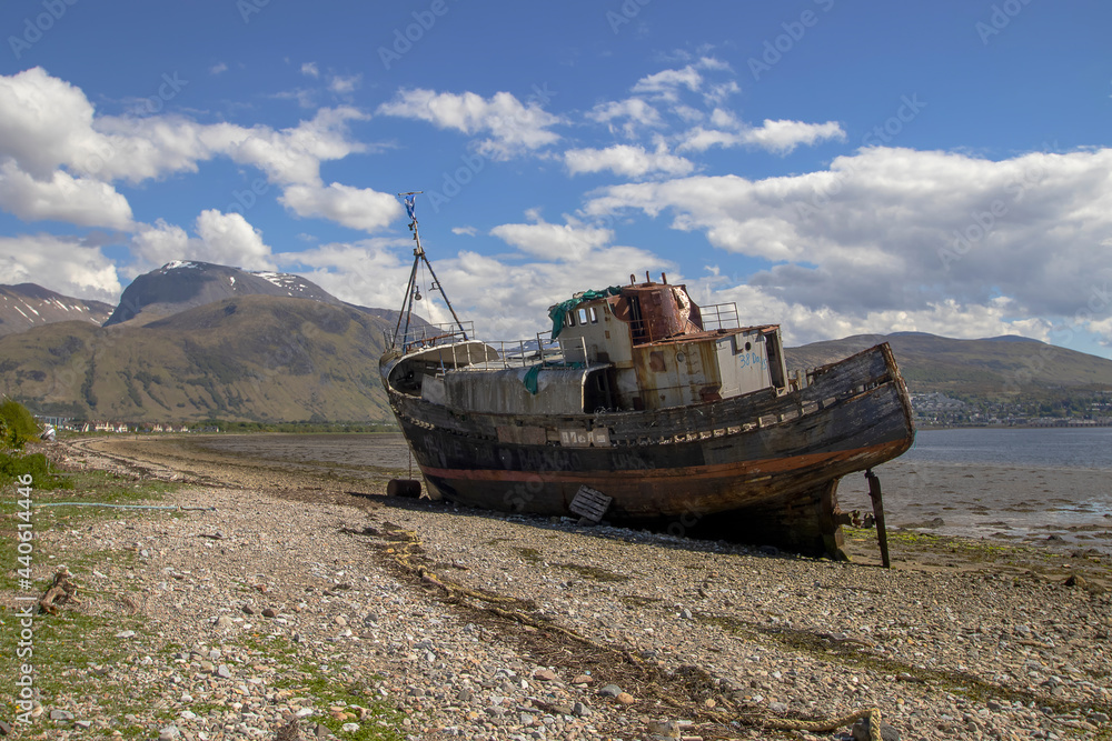 The stranded Corpach wreck near Fort William in the Scottish Highlands, UK