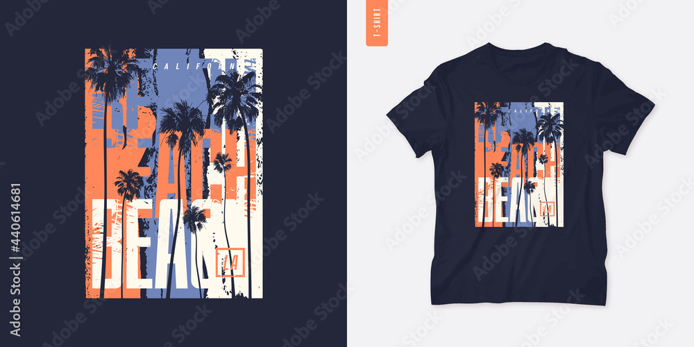 Fototapeta premium Beach California graphic t-shirt summer design with palm trees, vector illustration