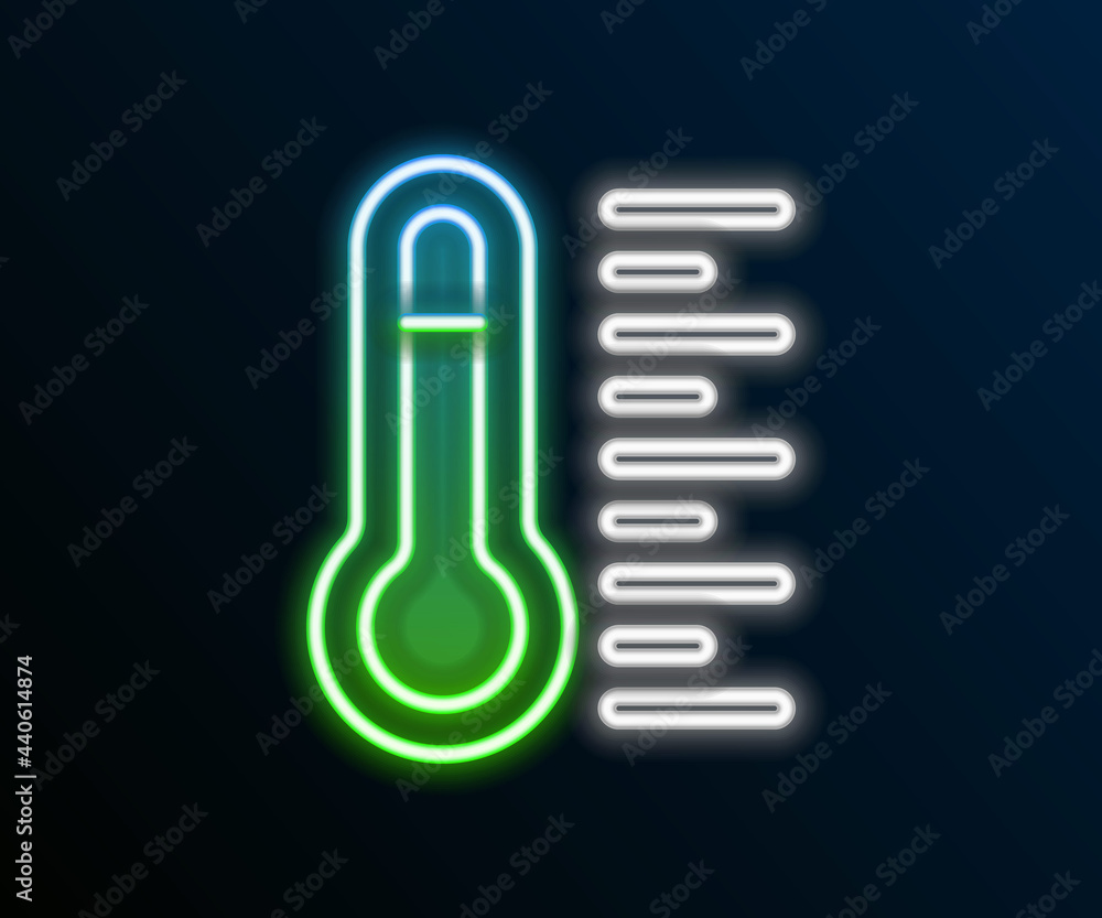 Glowing neon line Meteorology thermometer measuring icon isolated on black background. Thermometer equipment showing hot or cold weather. Colorful outline concept. Vector Glowing neon line Meteorology thermometer measuring icon isolated on black background. Thermometer equipment showing hot or cold weather. Colorful outline concept. Vector