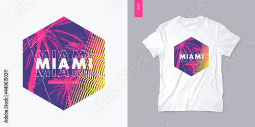 Miami Florida graphic t-shirt design with palm tress, summer print, vector illustration