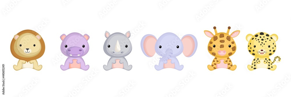 Cute sitting baby animals in cartoon style. Collection african animals characters for kids cards, baby shower, birthday invitation, house interior. Bright colored childish vector illustration. Cute sitting baby animals in cartoon style. Collection african animals characters for kids cards, baby shower, birthday invitation, house interior. Bright colored childish vector illustration.
