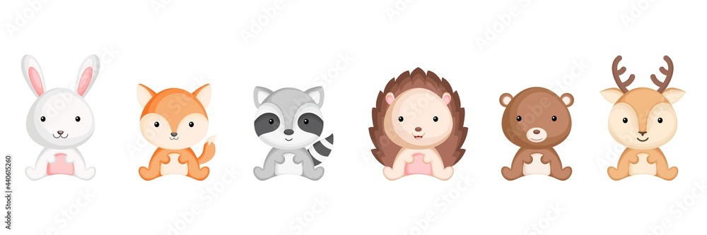 Cute sitting baby animals in cartoon style. Collection woodland animals characters for kids cards, baby shower, birthday invitation, house interior. Bright colored childish vector illustration. Cute sitting baby animals in cartoon style. Collection woodland animals characters for kids cards, baby shower, birthday invitation, house interior. Bright colored childish vector illustration.