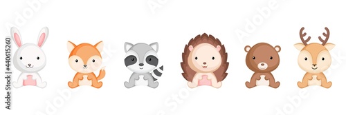 Cute sitting baby animals in cartoon style. Collection woodland animals characters for kids cards, baby shower, birthday invitation, house interior. Bright colored childish vector illustration.
