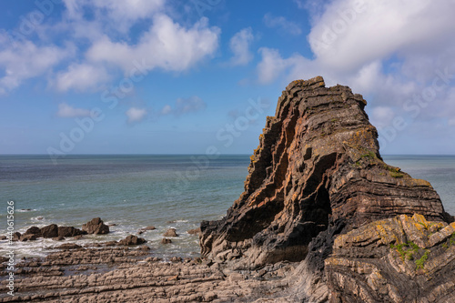 Stunning aerial drone flying landscape image of Blackchurch Rock on Devonian Geological formation photo