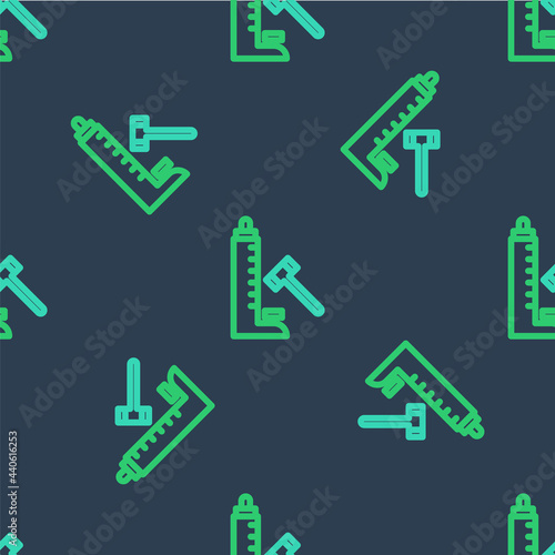 Line High striker attraction with big hammer icon isolated seamless pattern on blue background. Attraction for measuring strength. Amusement park. Vector